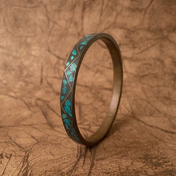 Jewelry - Vintage India Made Brass Blue Faux Turquoise Chip Stone Inlay Bangle Bracelet